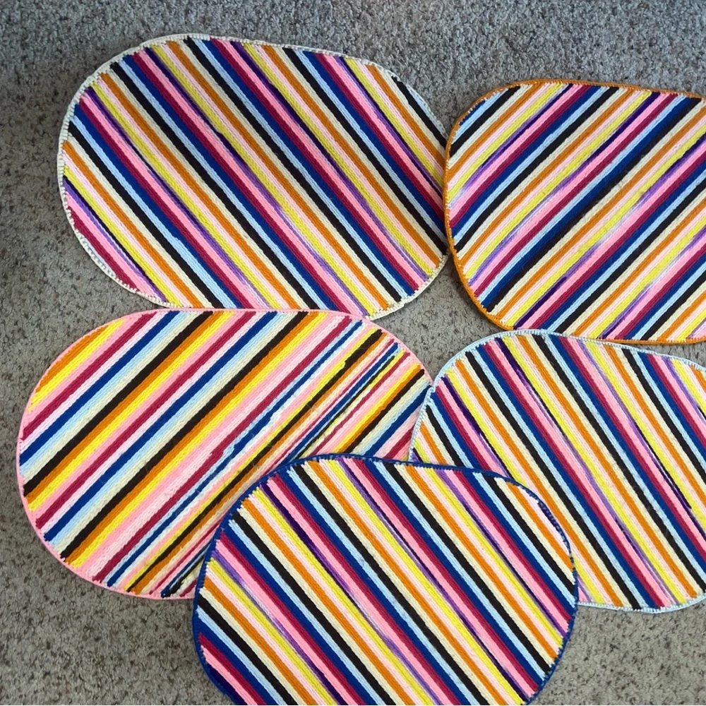 Vintage Set Of 5 Oval Stripes  Rainbow  Cotton Crochet Placemats  Set 1980s‎